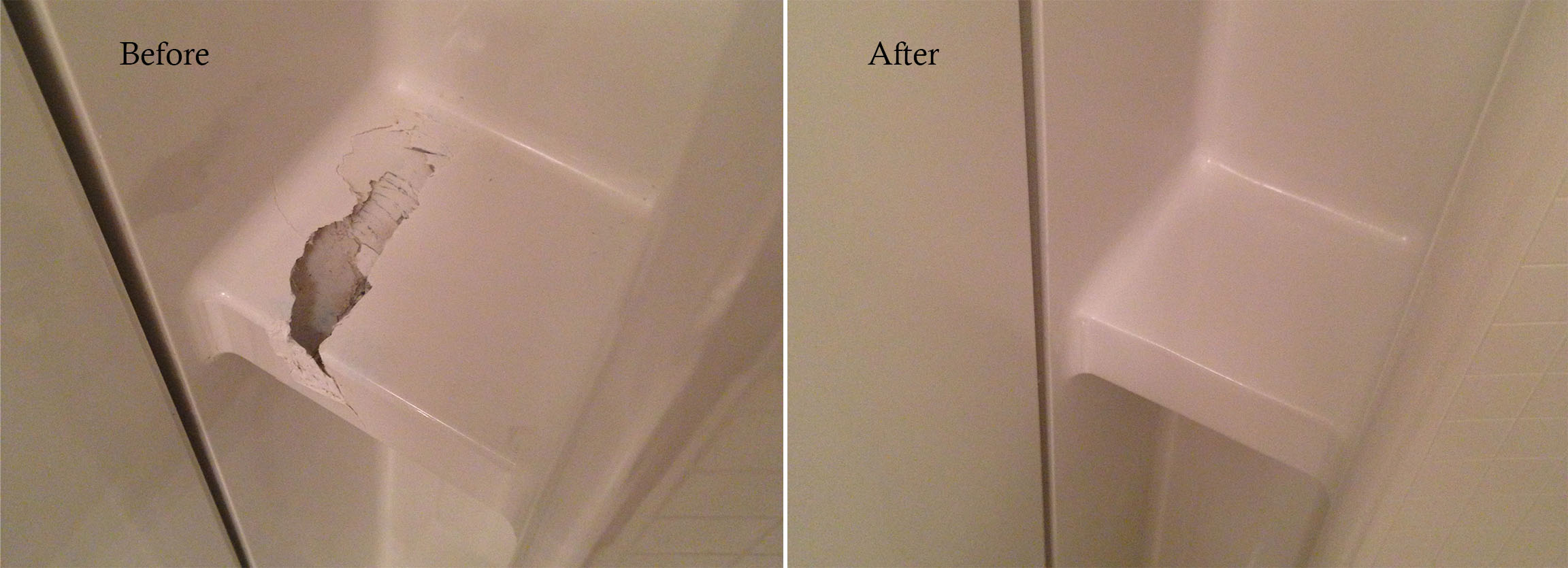Hole from hammer on shelf of composite shower unit